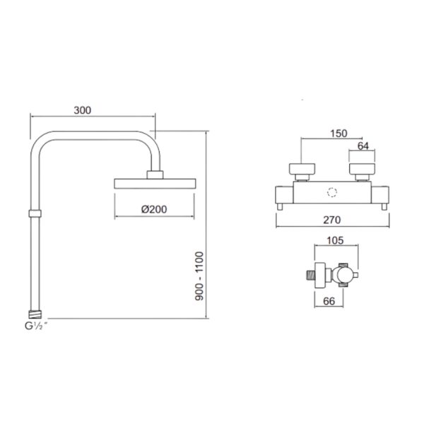 Inta Kiko Dual Thermostatic Bar Mixer Shower KK10032CP 5 Function Handset Chrome