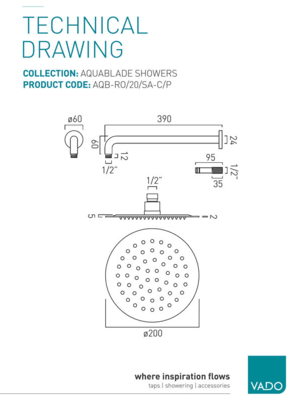 Vado Aquablade 200mm Round Shower Head Single Function with Shower Arm (AQB-RO/20/SA-C/P)