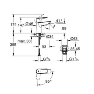 Grohe 23899001 BauEdge Basin Mixer 1/2" S Size Chrome Cold Start Smooth Body with Click Waste