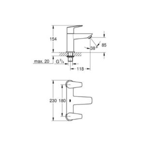 Grohe 25216001 BauEdge Deck 2H Bath Filler Chrome 1/2" Dual Handle Tap
