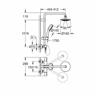 Grohe NTemp Cosmopolitan 160 Thermostatic Shower System Chrome 27922000 with Rain Head Hand Shower and 1750mm Hose